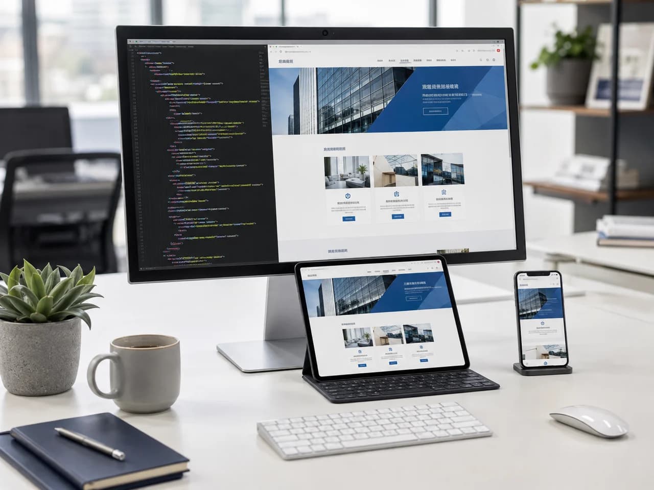 モニター・タブレット・スマートフォンでWebを制作するデスクのイメージ