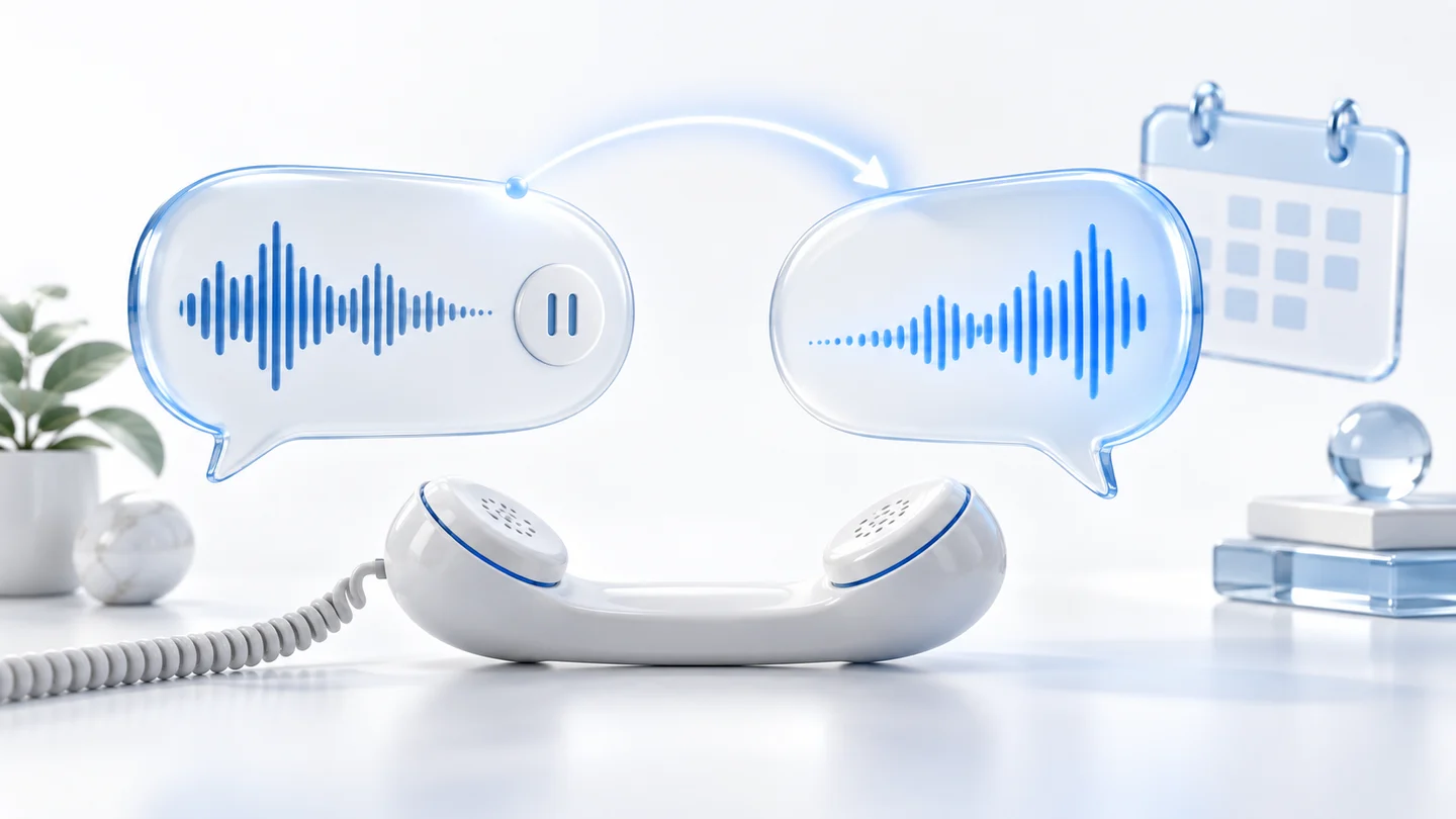 白い電話の受話器の上で、青い音声波形を持つ二つの吹き出しが会話の順番を受け渡す立体イメージ