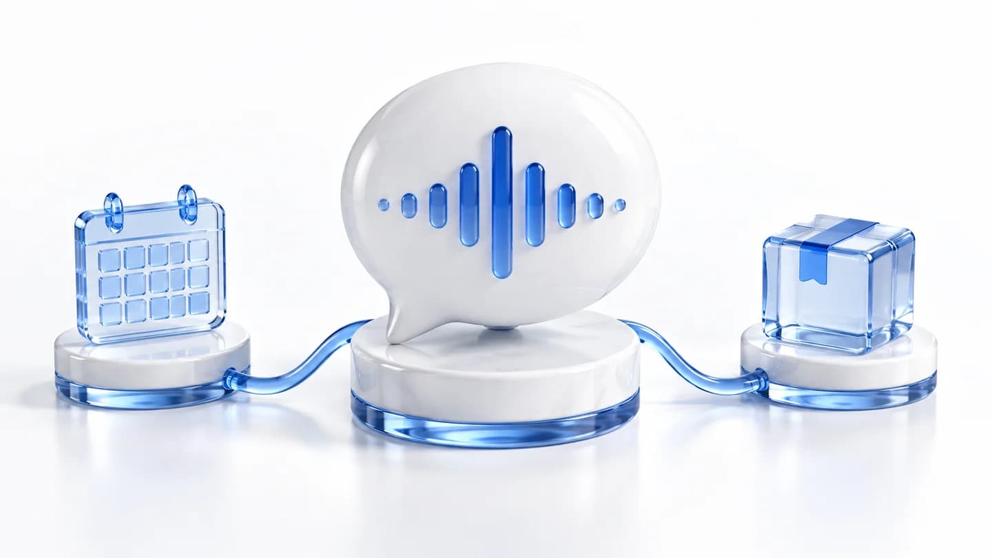 音声の波形を持つ白い吹き出しが、青いガラスのカレンダーと荷物につながる複数AIの役割分担イメージ