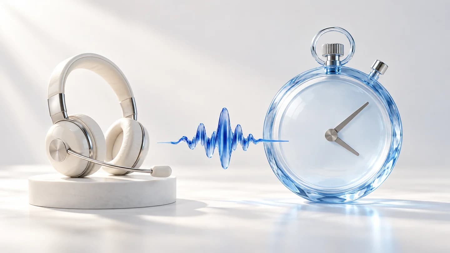 白いヘッドセットと青い音声波形、透明なストップウォッチでAIコールの応答時間を表した立体イメージ