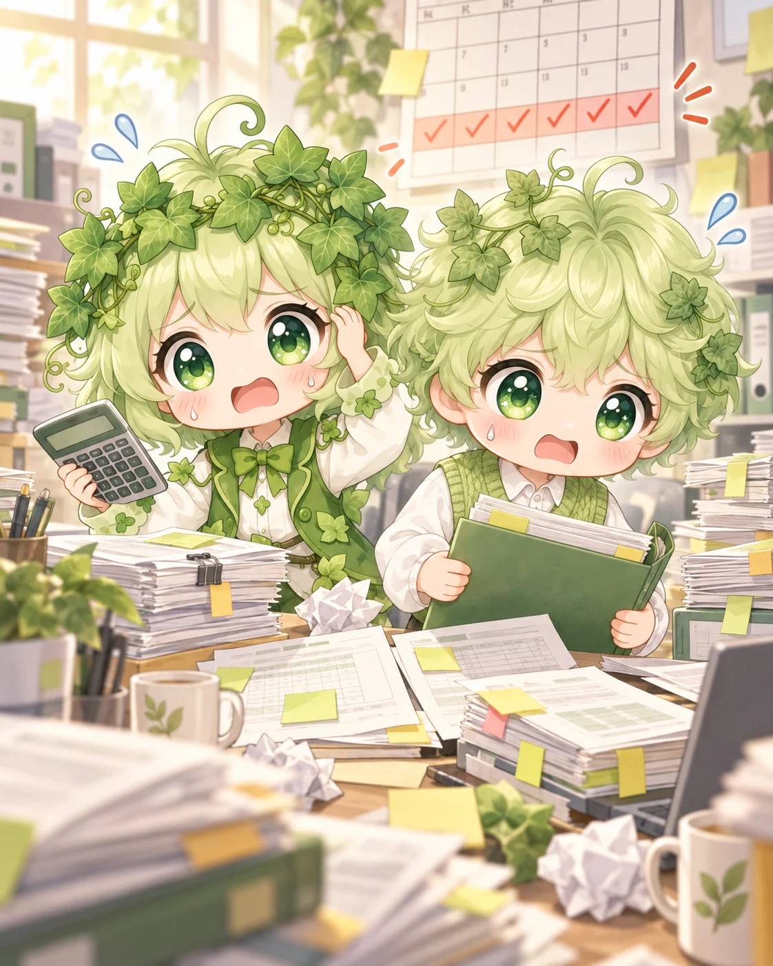 月末の請求書と確認作業に追われるアイビーくんとアイビーちゃん