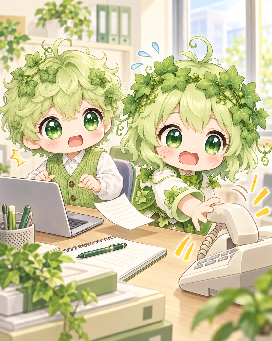 電話が鳴り、パソコン作業を中断するアイビーくんとアイビーちゃん