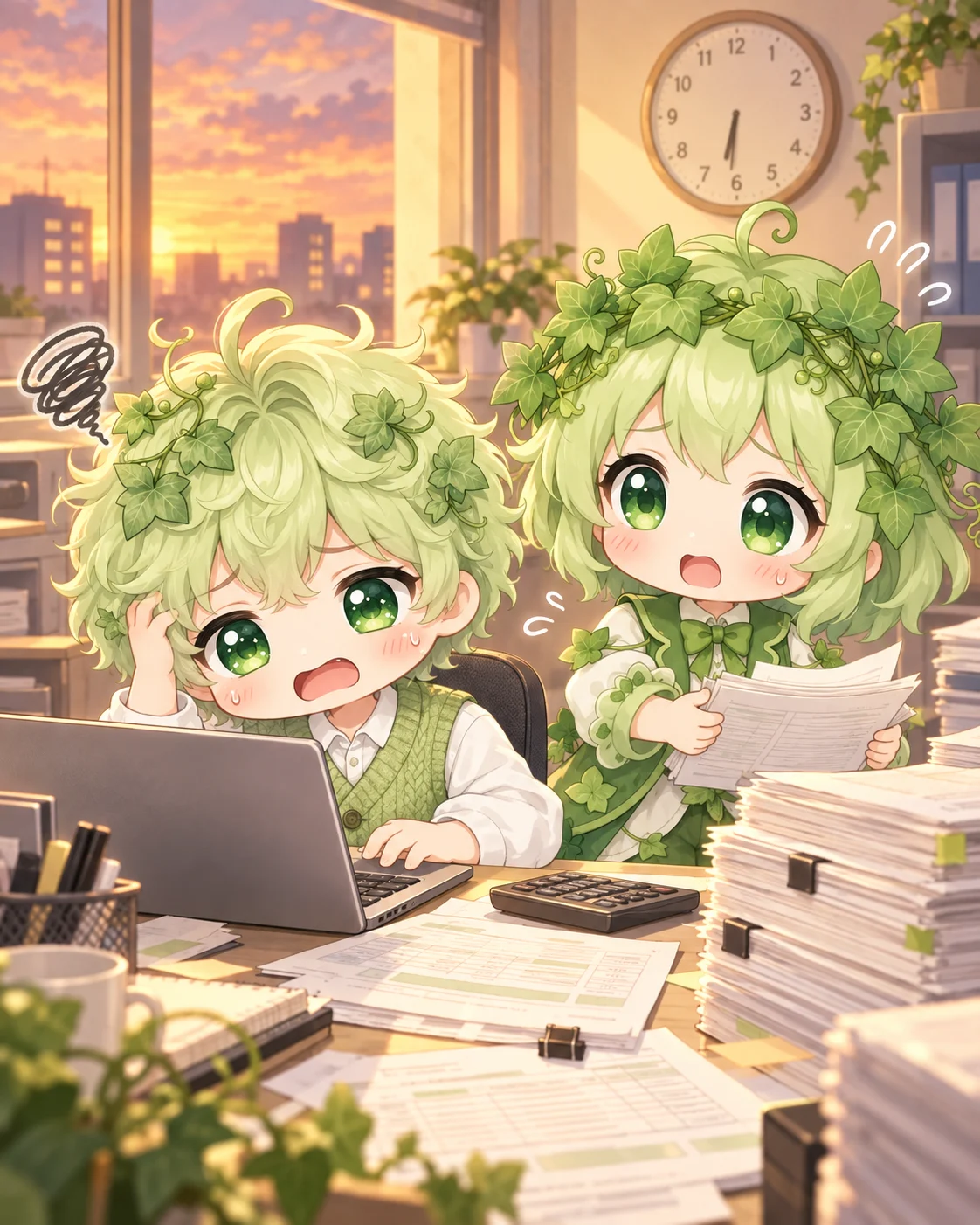 夕方まで見積書づくりに追われるアイビーくんとアイビーちゃん